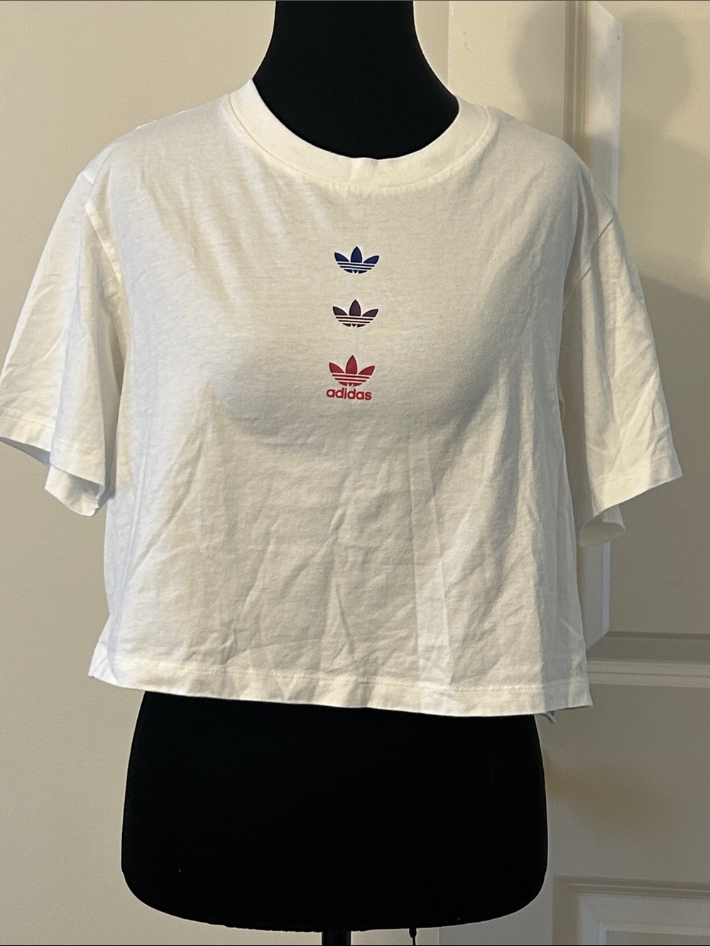 adidas White Cropped Trefoil Tee with Blue, Purple and Red Logos